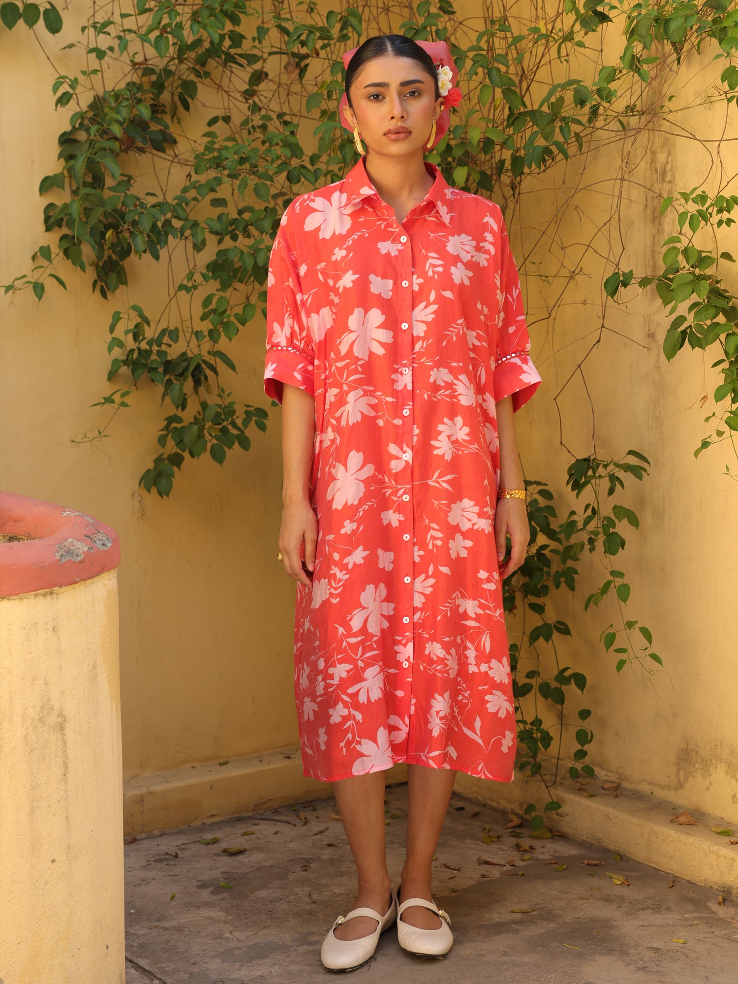 Coral Bloom Chanderi Shirt Dress