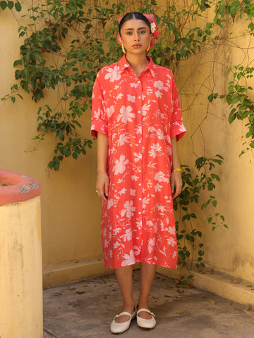Coral Bloom Chanderi Shirt Dress