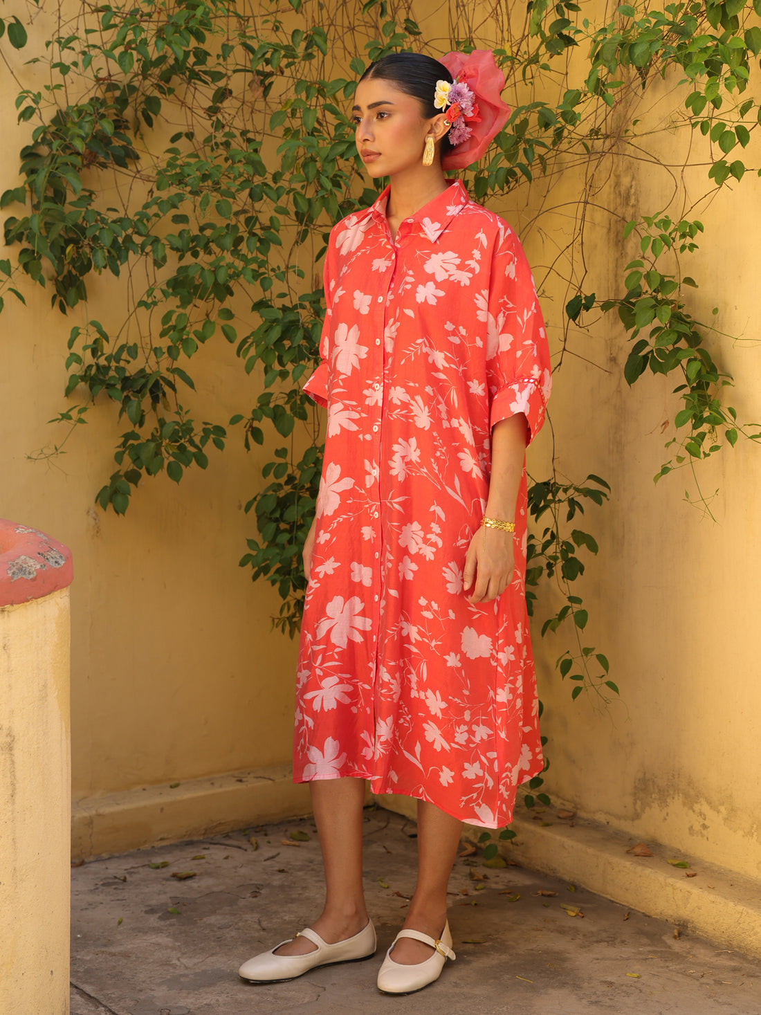 Coral Bloom Chanderi Printed Shirt Dress