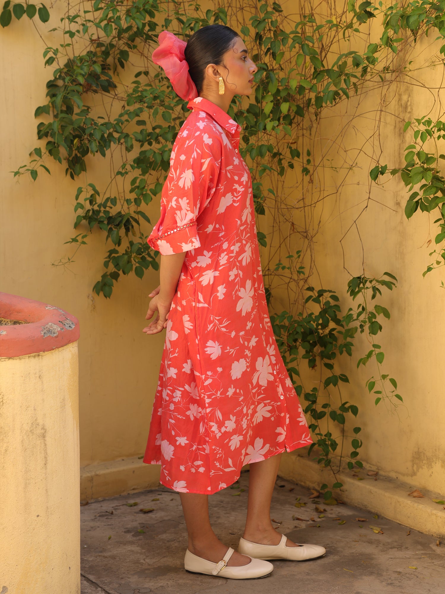Coral Bloom Chanderi Shirt Dress