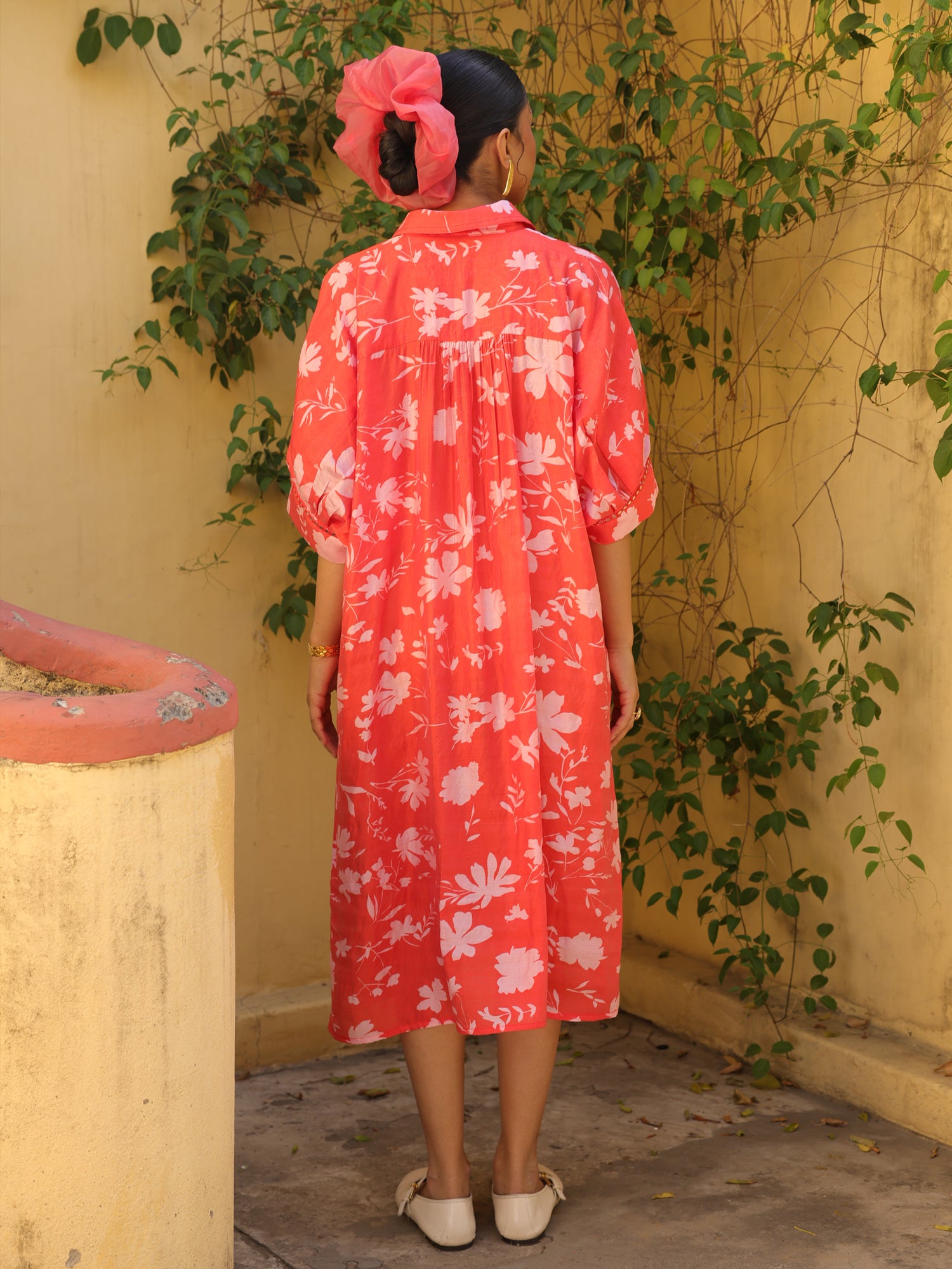 Coral Bloom Chanderi Shirt Dress