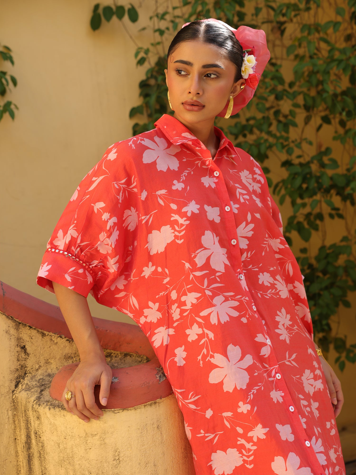 Coral Bloom Chanderi Shirt Dress