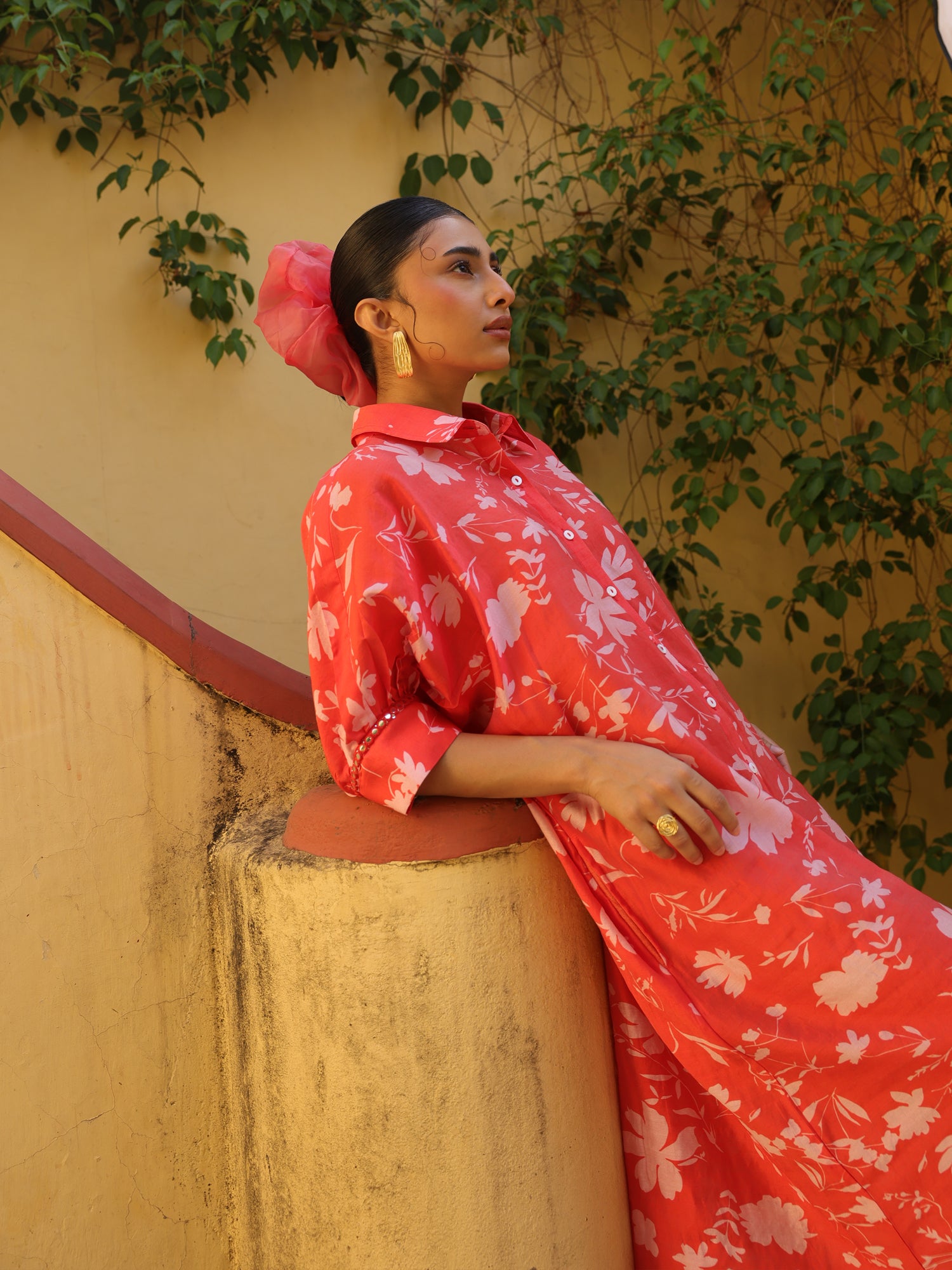 Coral Bloom Chanderi Shirt Dress