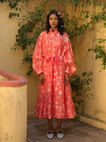Coral Bloom Chanderi Printed Courtyard Dress