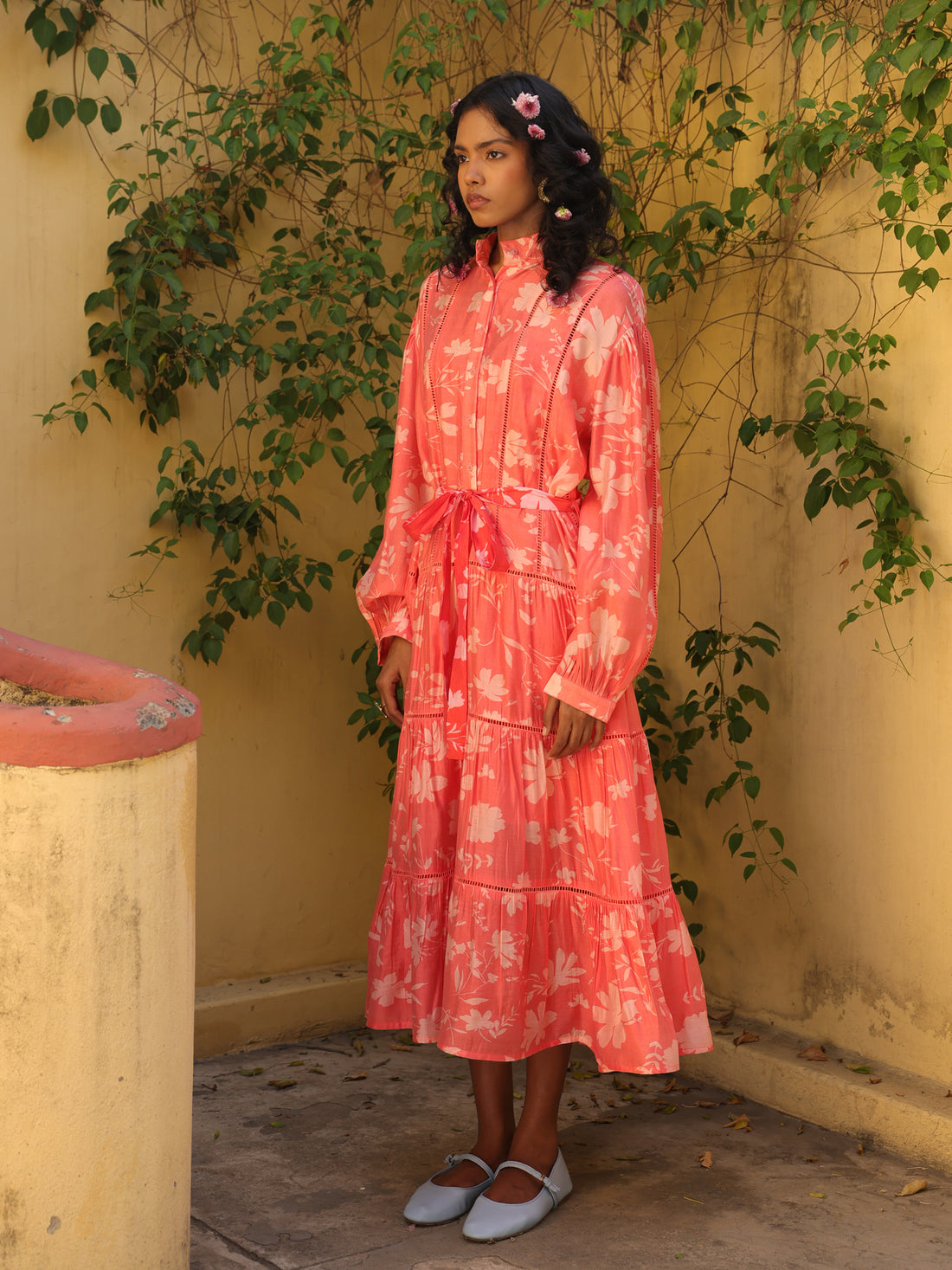 Coral Bloom Chanderi Printed Courtyard Dress