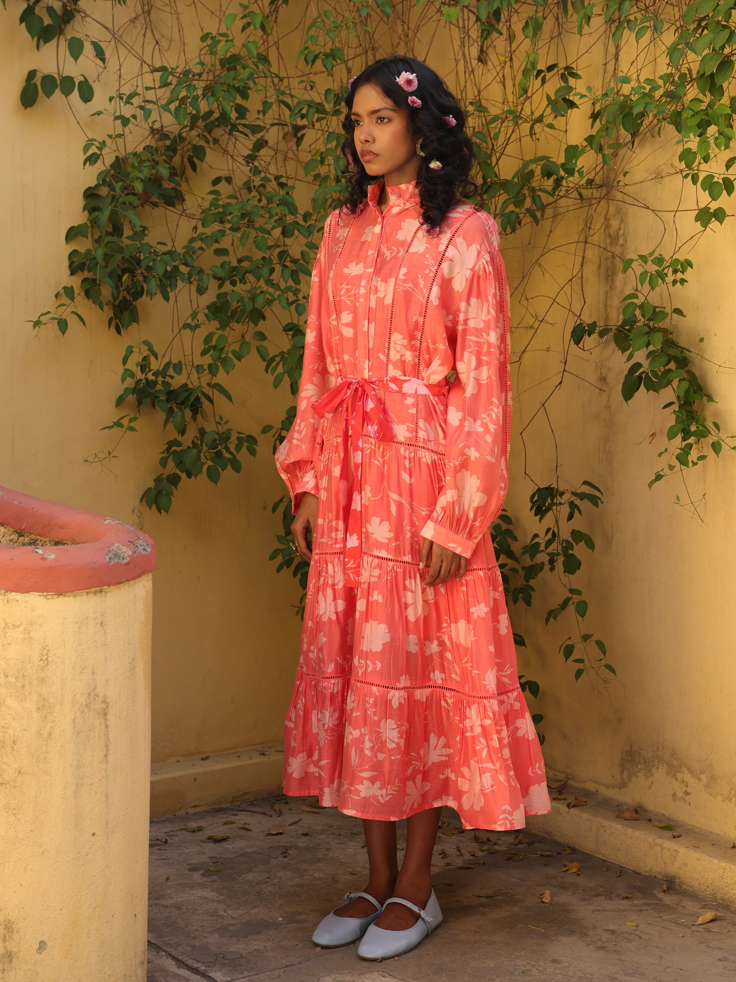 Coral Bloom Chanderi Printed Courtyard Dress