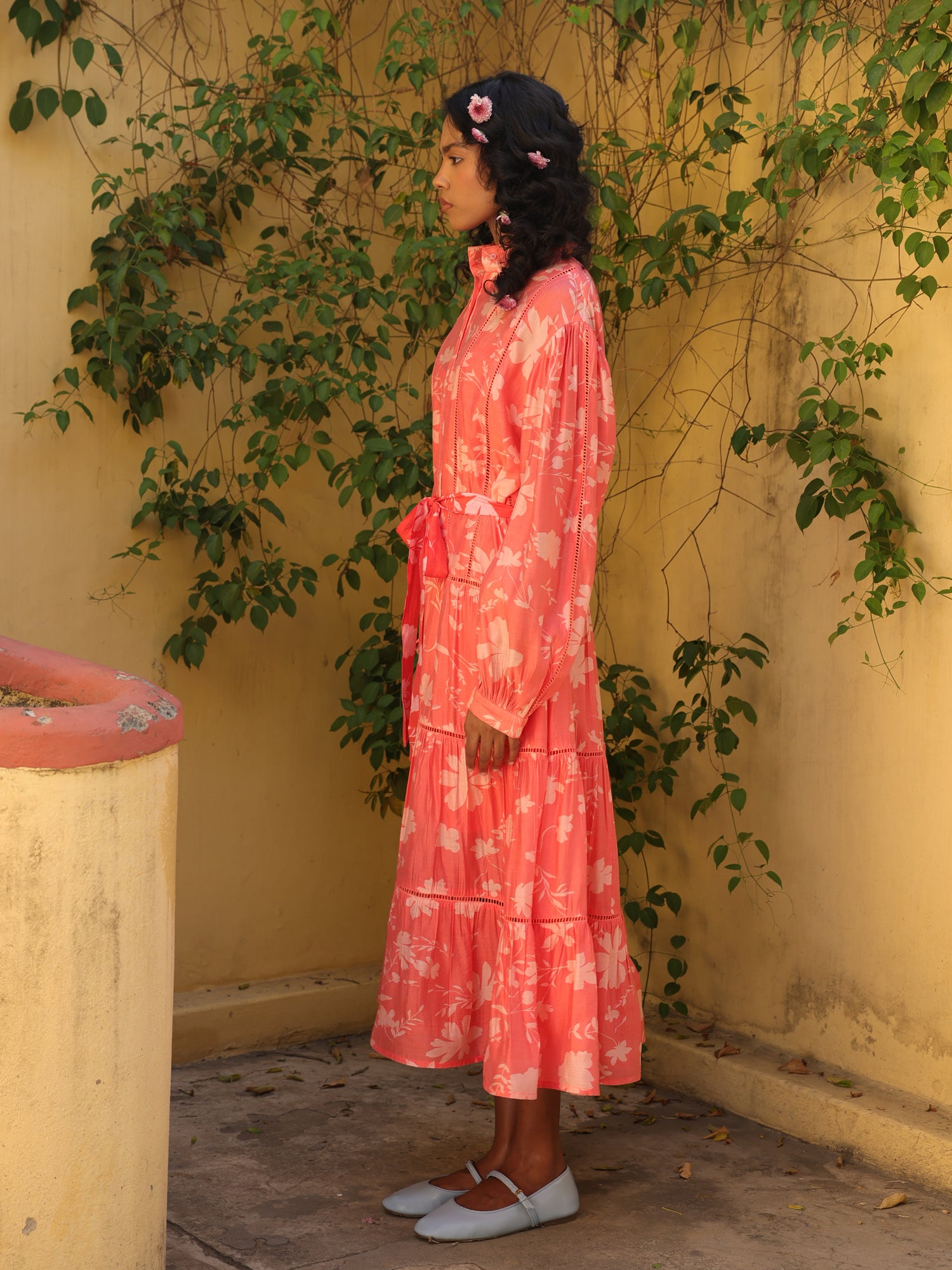 Coral Bloom Chanderi Printed Courtyard Dress