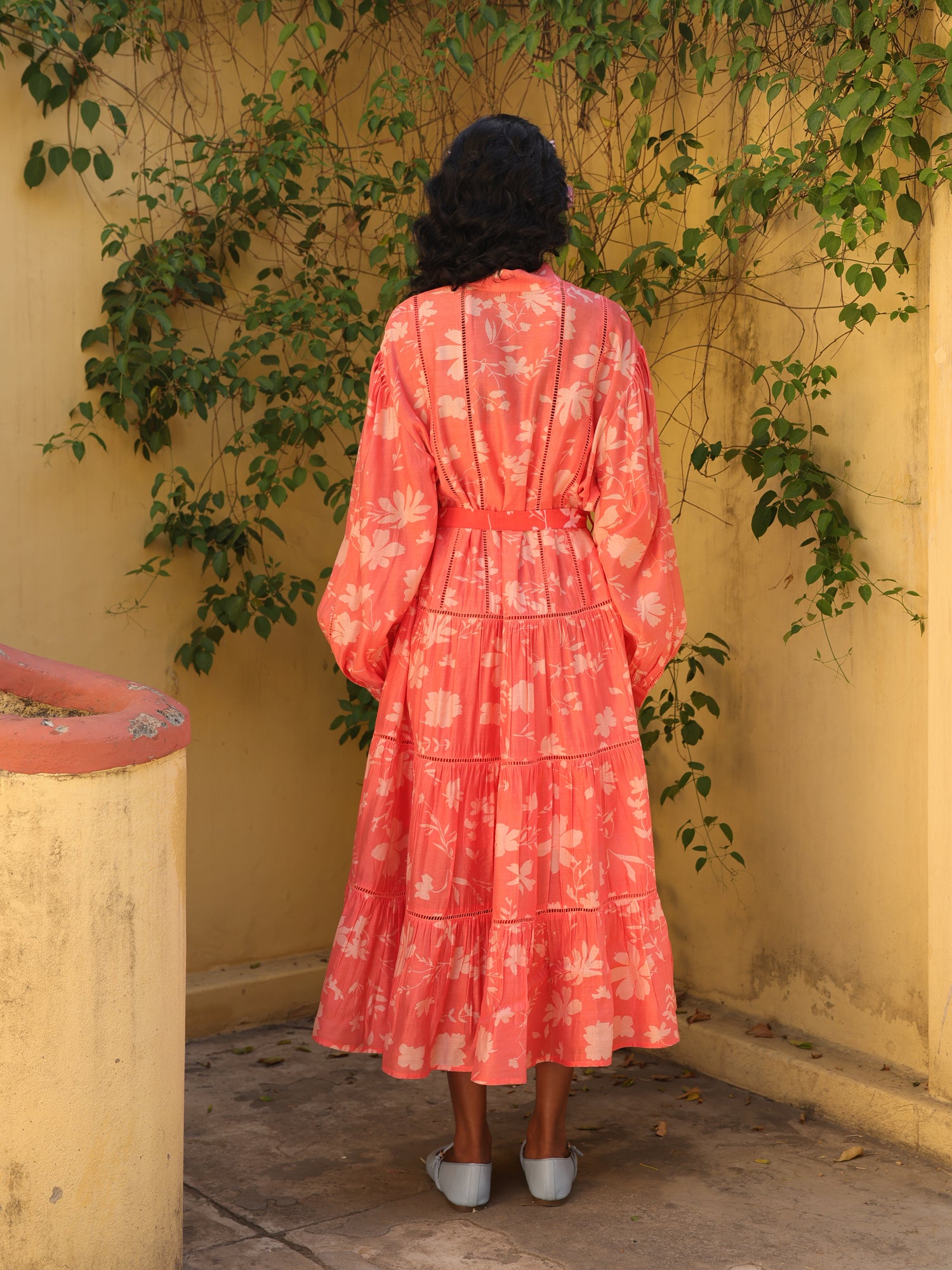 Coral Bloom Chanderi Printed Courtyard Dress