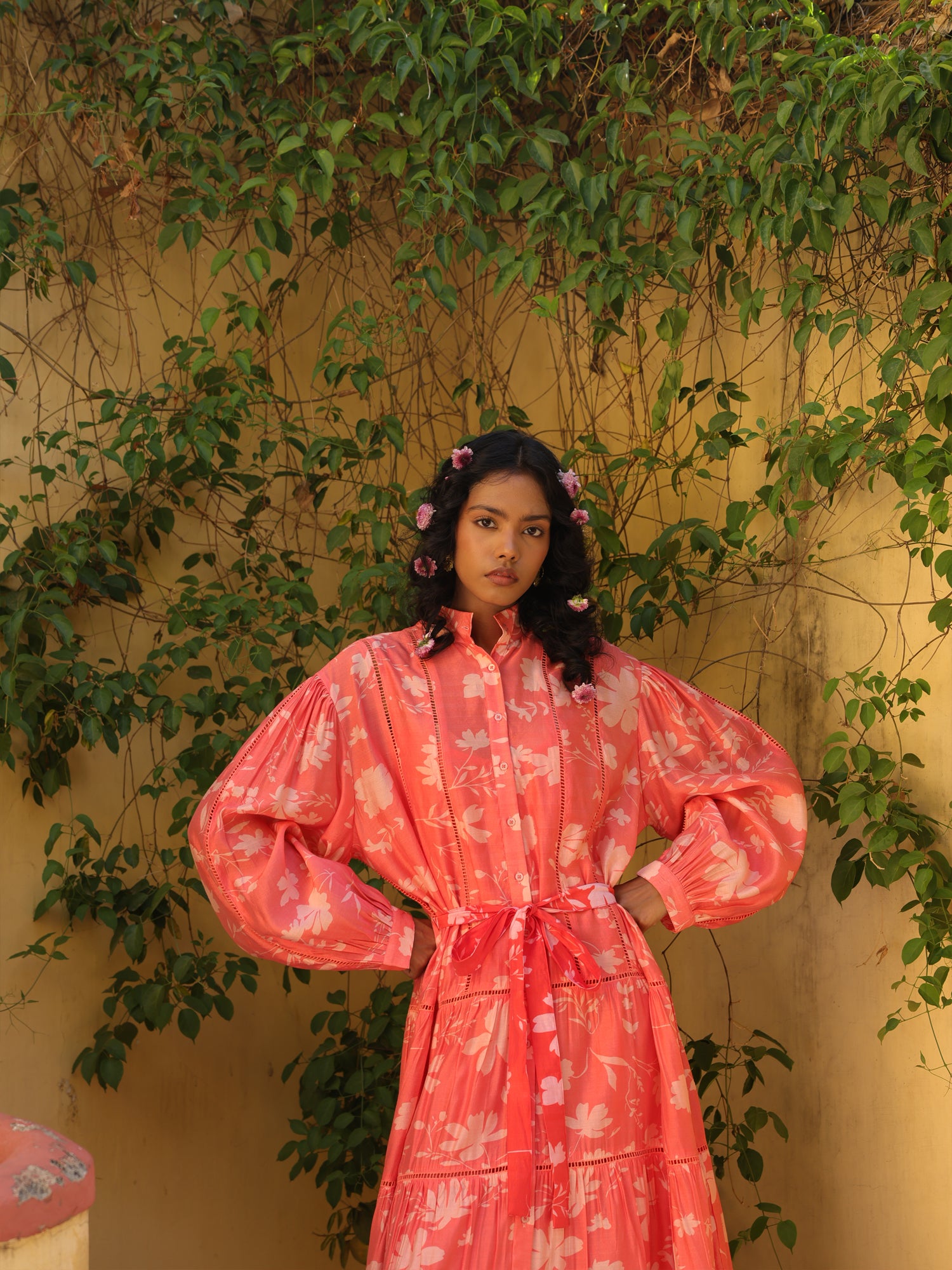 Coral Bloom Chanderi Printed Courtyard Dress
