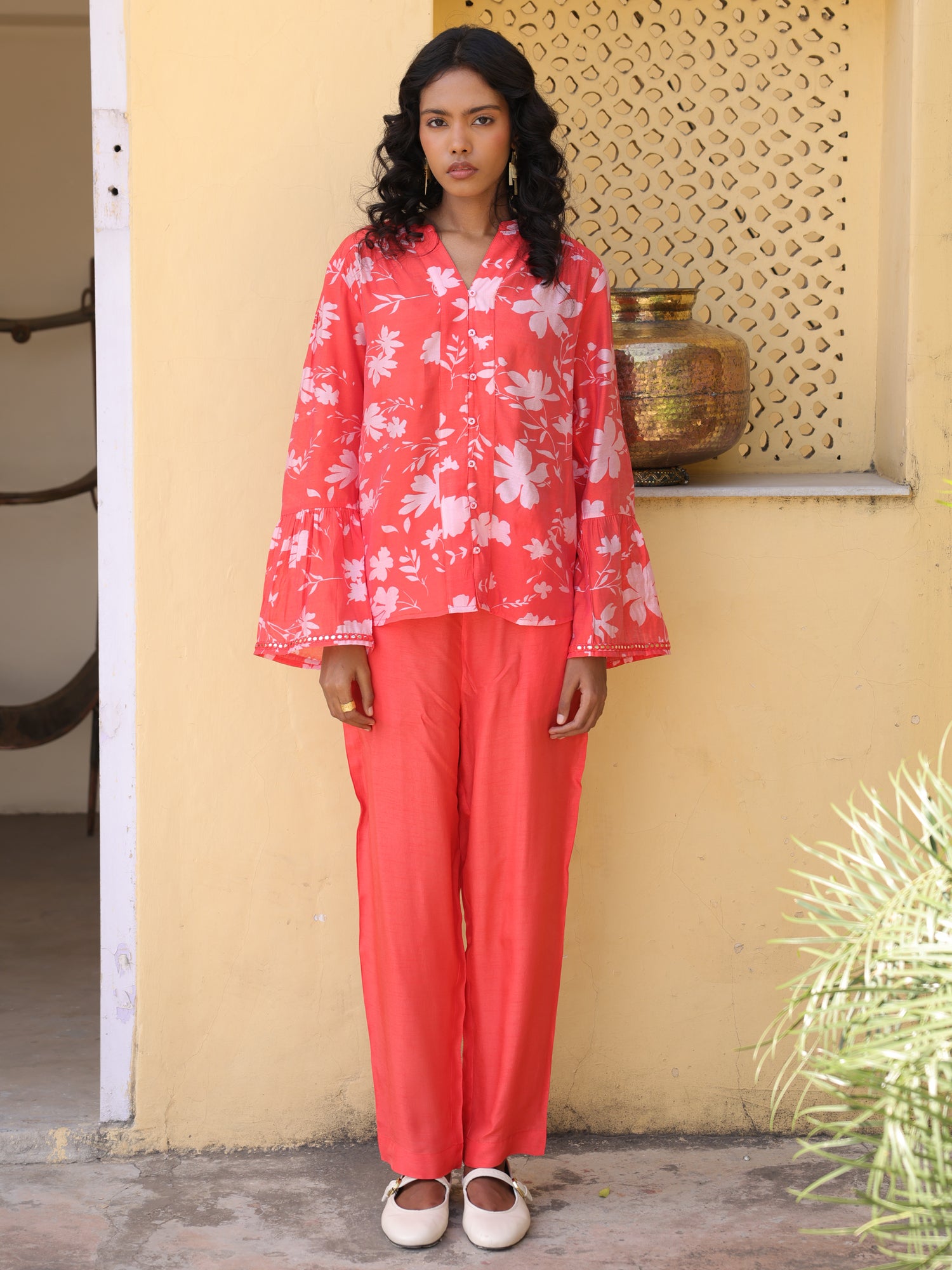 Poppy Set- Coral Chanderi Floral Printed Coord Set