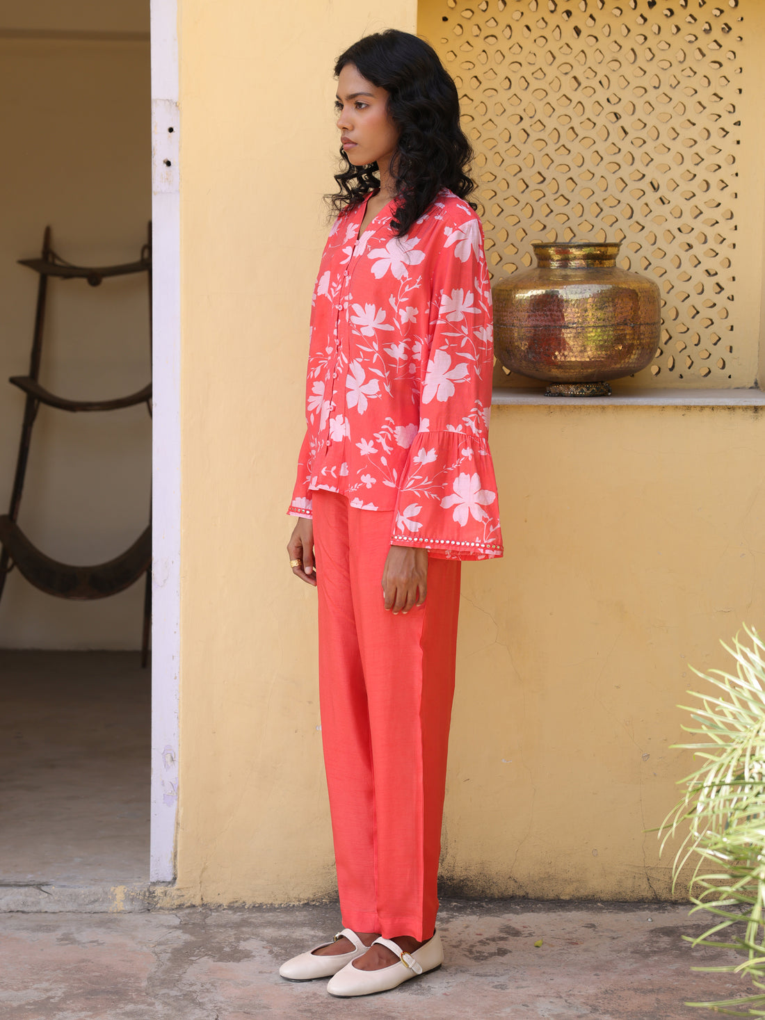 Poppy Set- Coral Chanderi Floral Printed Coord Set