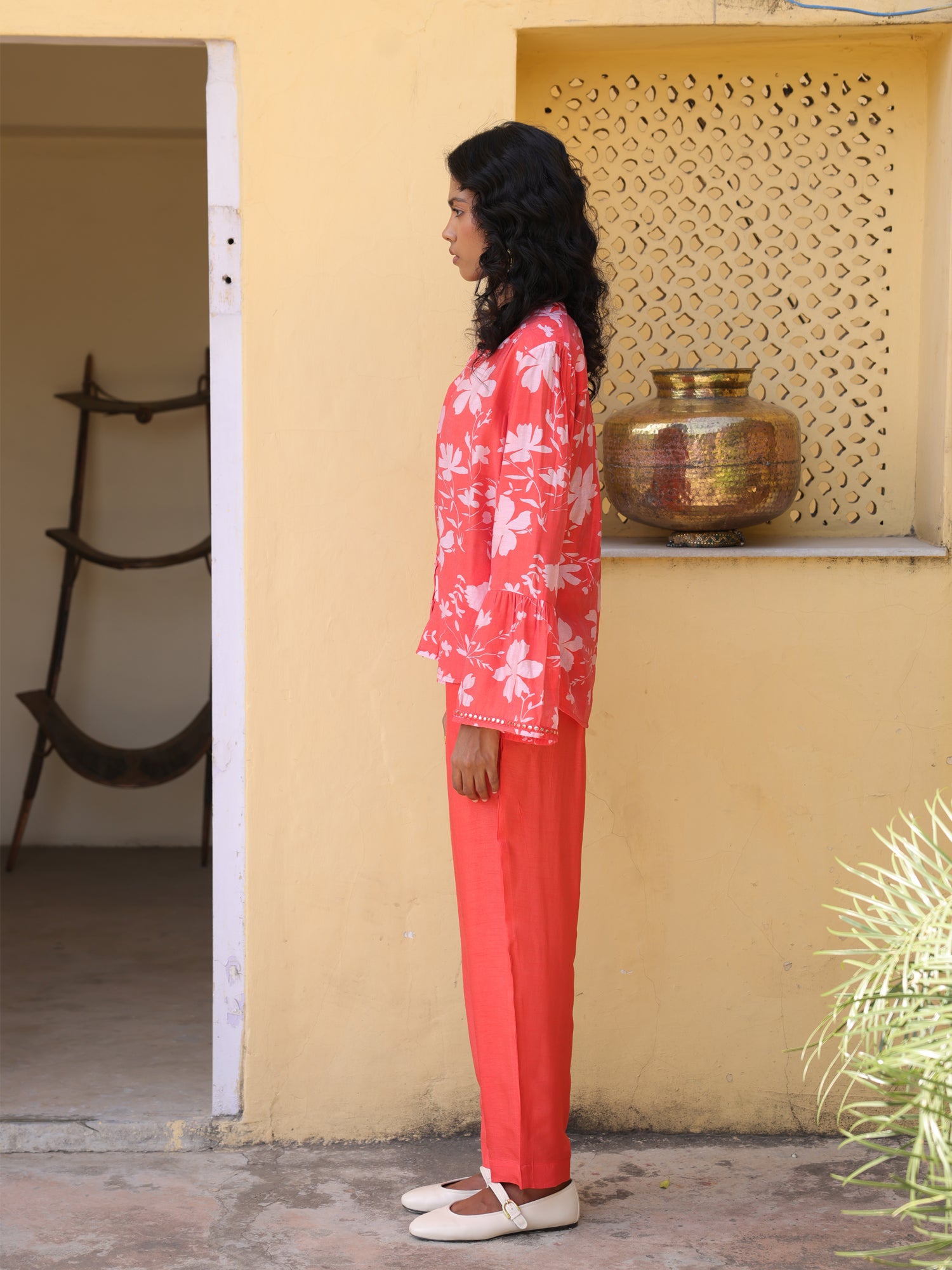 Poppy Set- Coral Chanderi Floral Printed Coord Set
