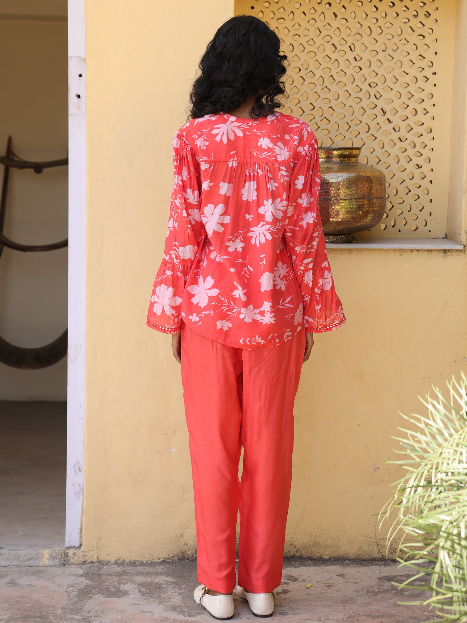 Poppy Set- Coral Chanderi Floral Printed Coord Set