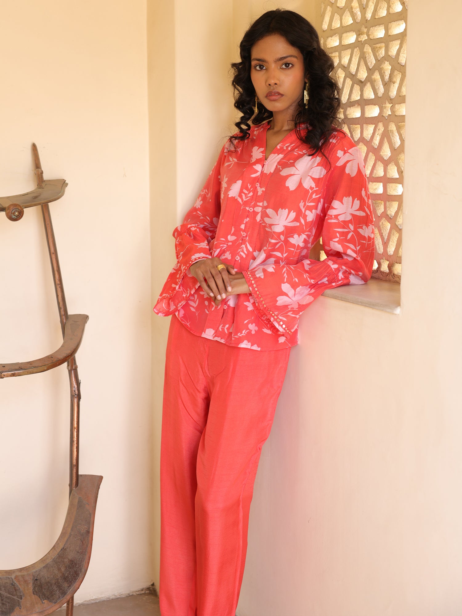Poppy Set- Coral Chanderi Floral Printed Coord Set