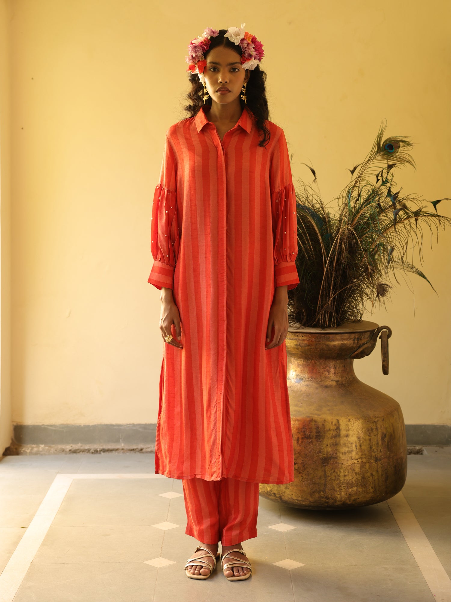 Alina Set- Coral Viscose Silk Stripe Kurta & Pant