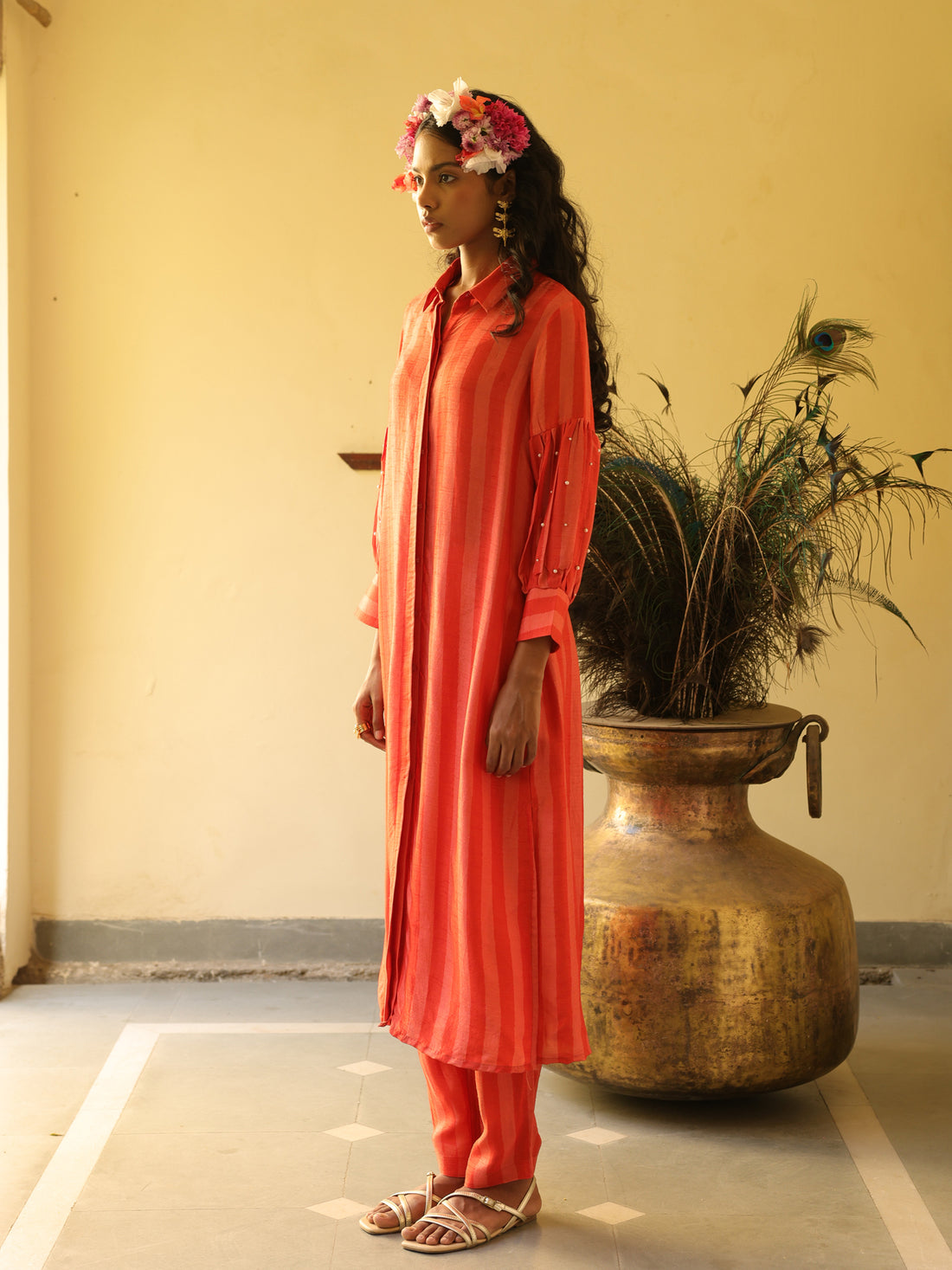 Alina Set- Coral Viscose Silk Stripe Kurta & Pant