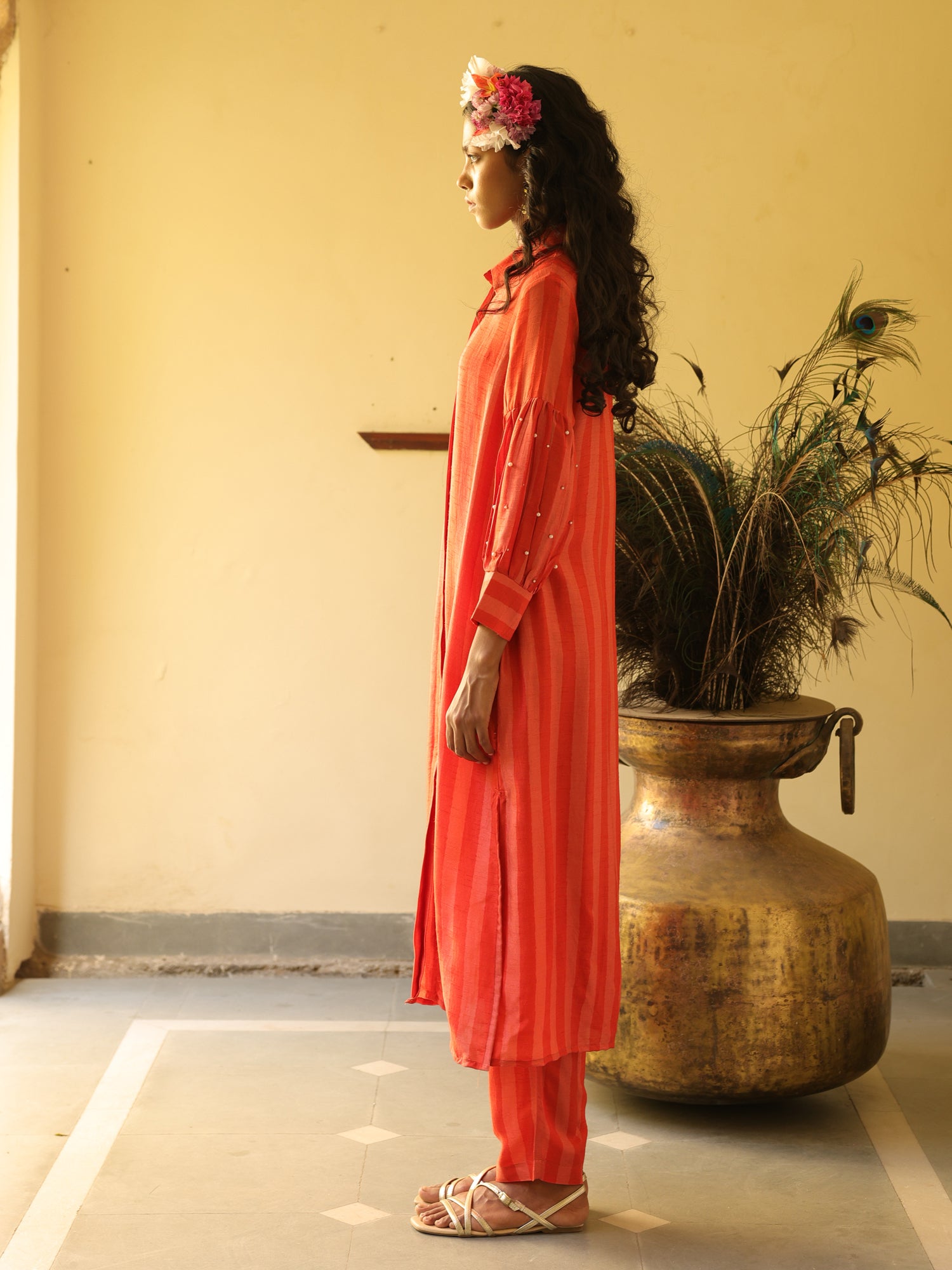 Alina Set- Coral Viscose Silk Stripe Kurta & Pant