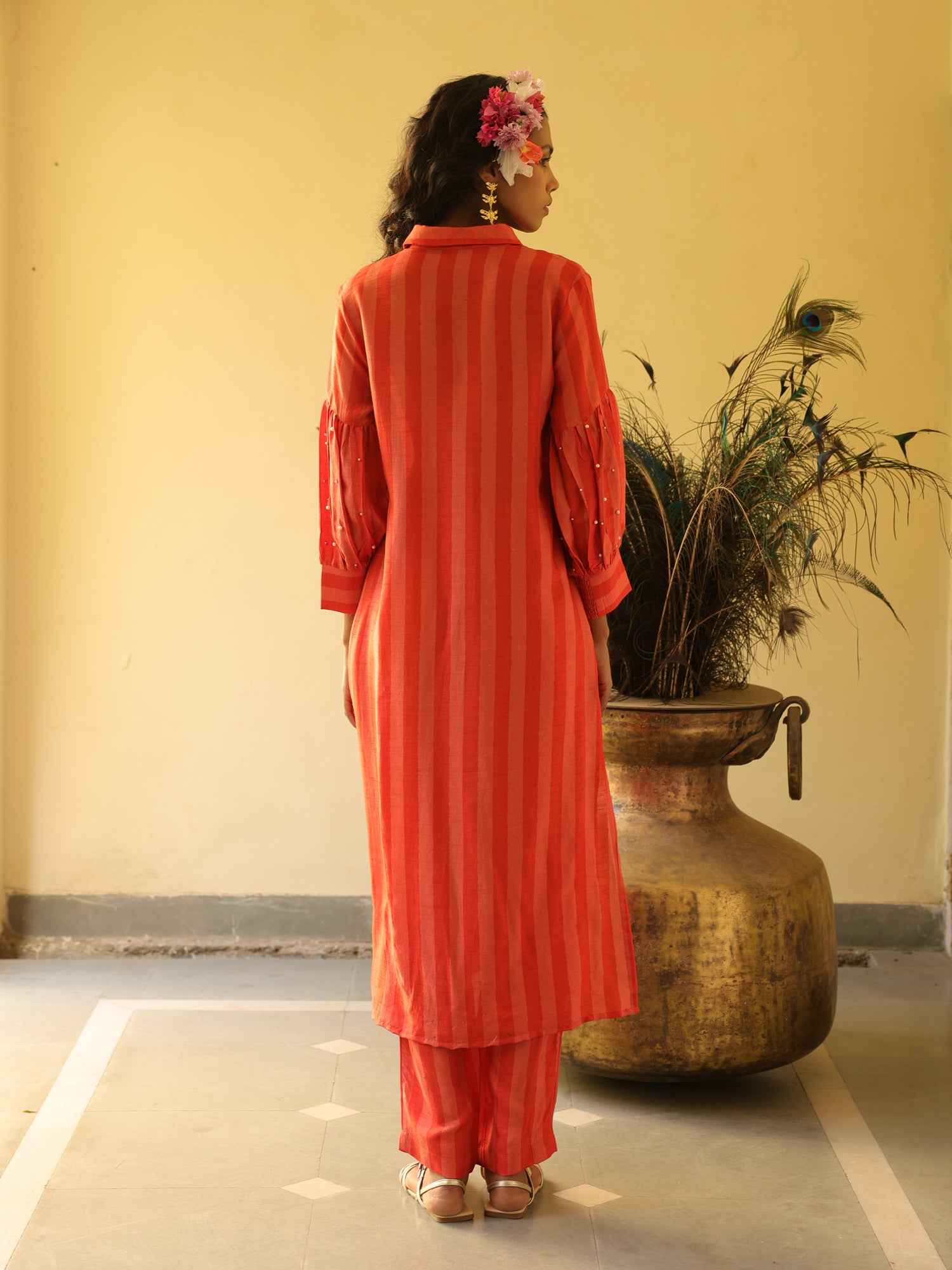 Alina Set- Coral Viscose Silk Stripe Kurta & Pant