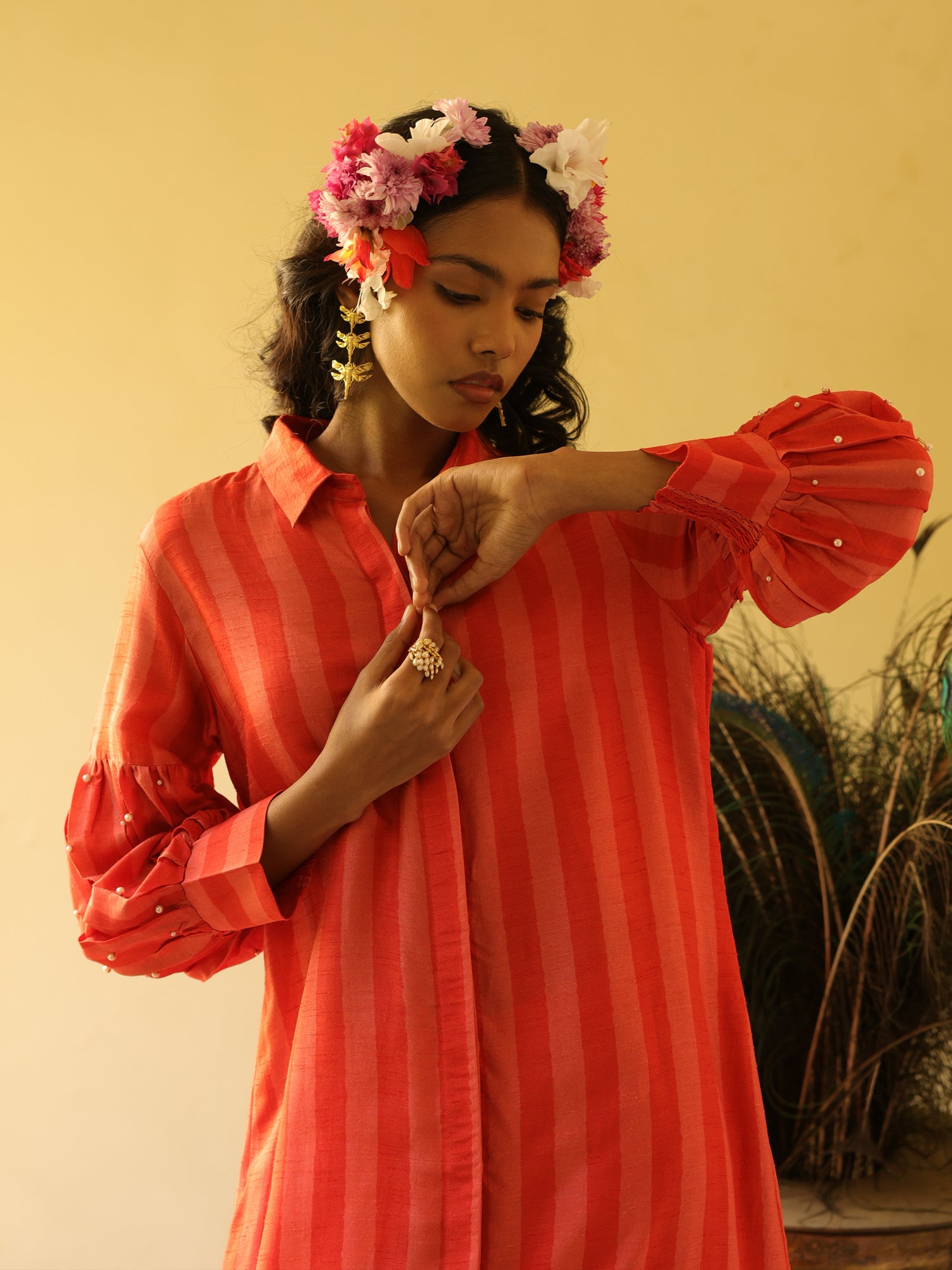 Alina Set- Coral Viscose Silk Stripe Kurta & Pant