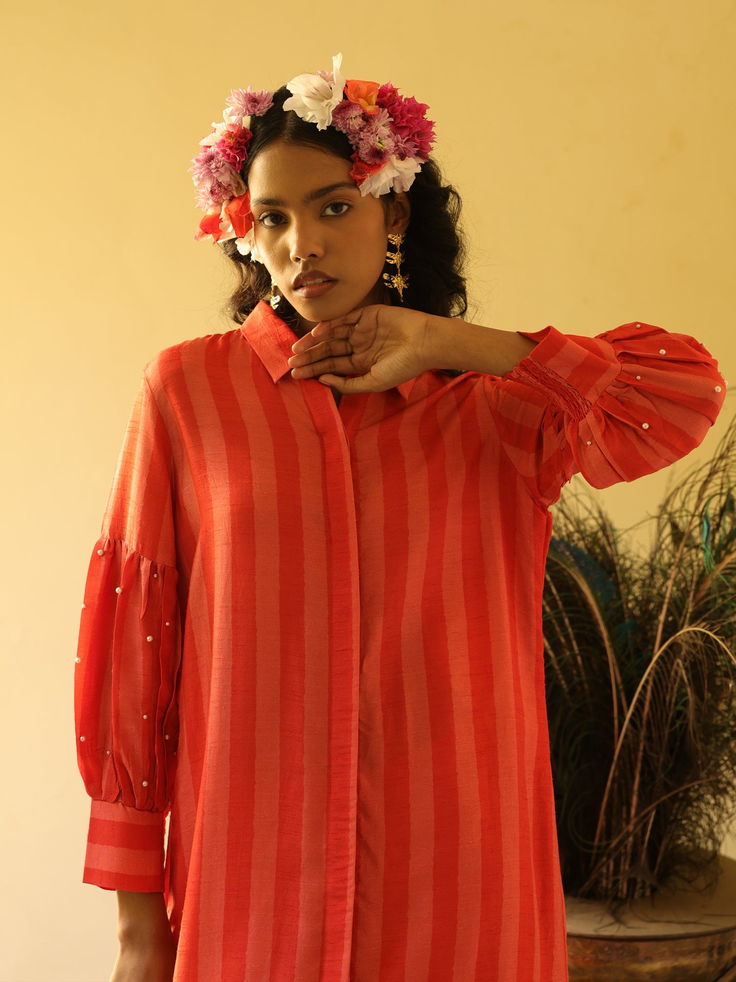 Alina Set- Coral Viscose Silk Stripe Kurta & Pant