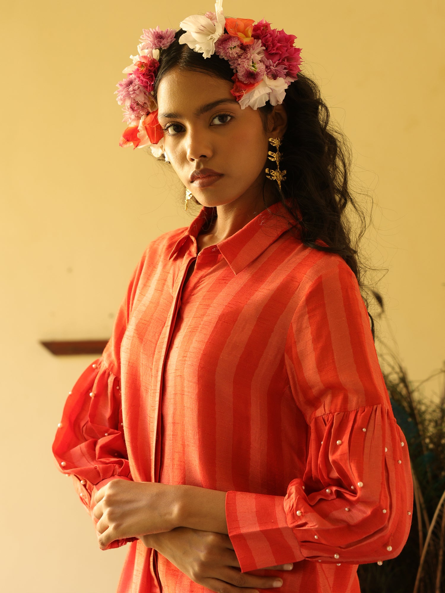 Alina Set- Coral Viscose Silk Stripe Kurta & Pant