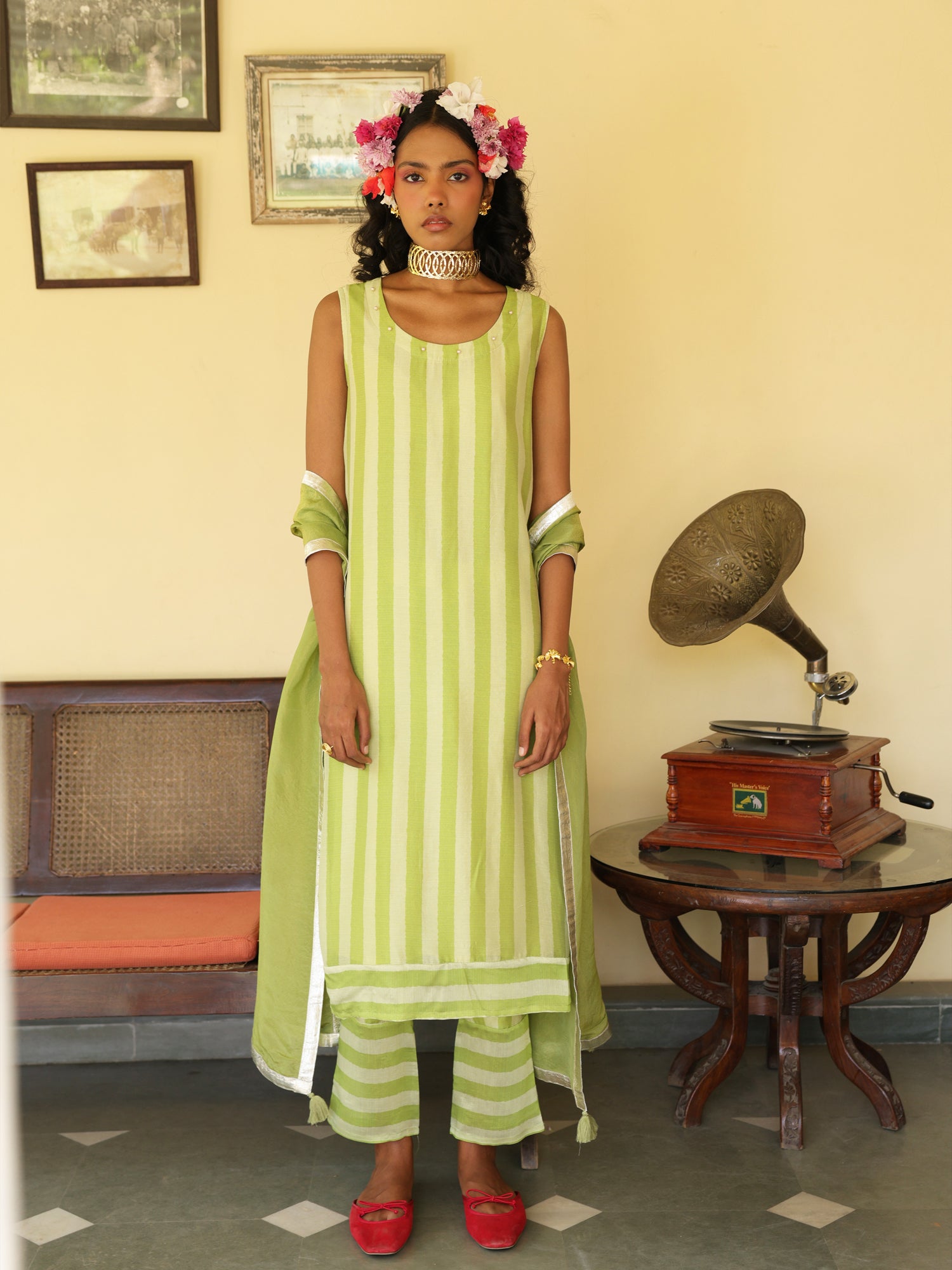 Raag Set- Lime Green Chanderi Kurta Set With Dupatta