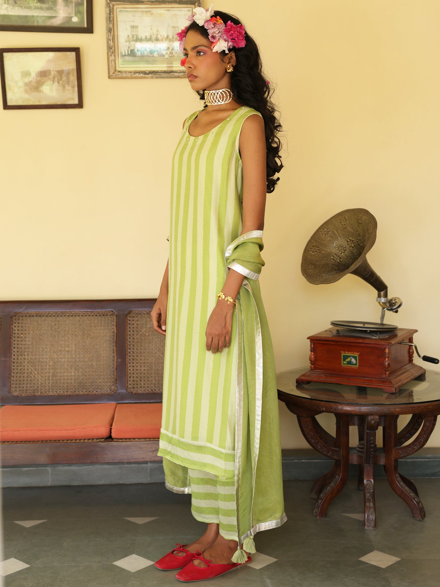 Raag Set- Lime Green Chanderi Kurta Set With Dupatta