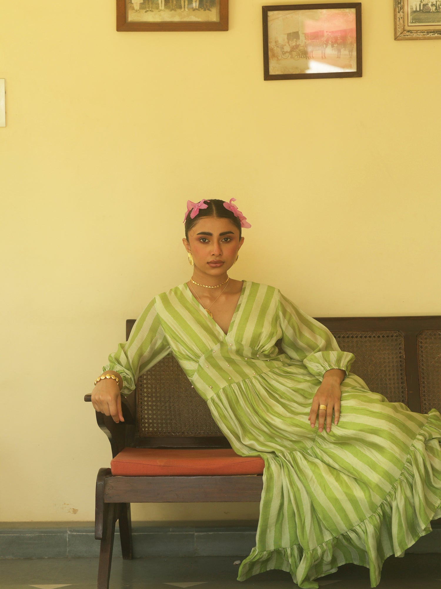Zareen Dress Lime Green Chanderi Stripe  Dress