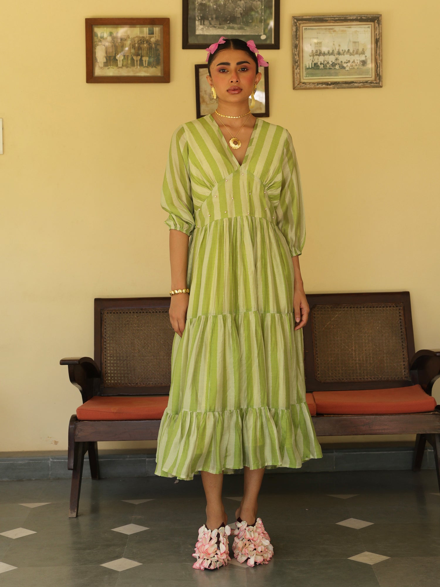 Zareen Dress Lime Green Chanderi Stripe  Dress
