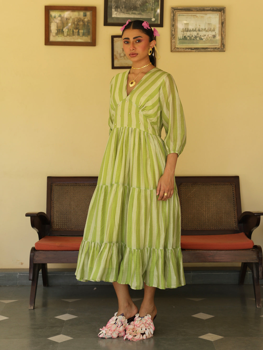 Zareen Dress Lime Green Chanderi Stripe Dress