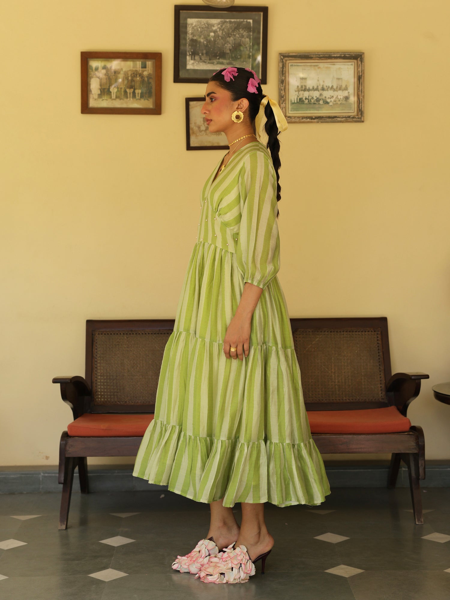 Zareen Dress Lime Green Chanderi Stripe  Dress