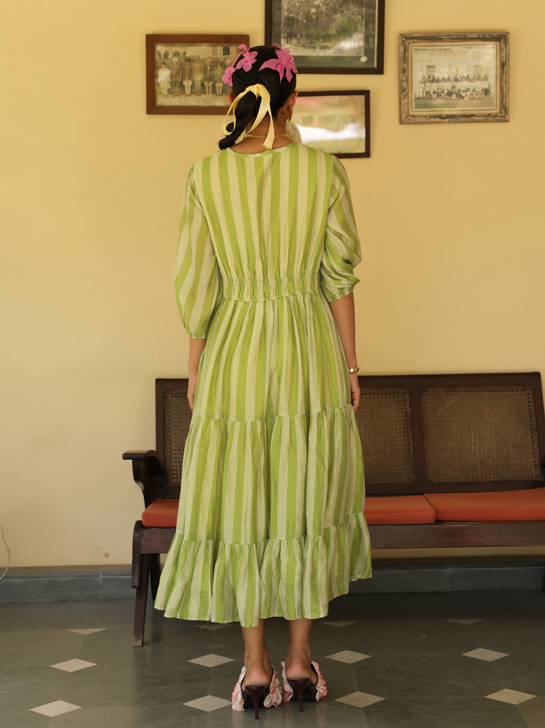 Zareen Dress Lime Green Chanderi Stripe  Dress