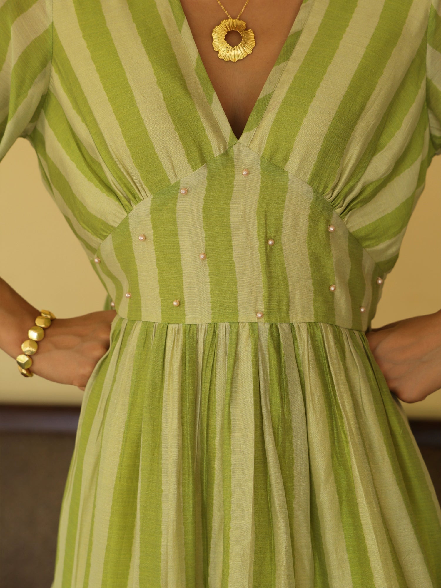 Zareen Dress Lime Green Chanderi Stripe  Dress