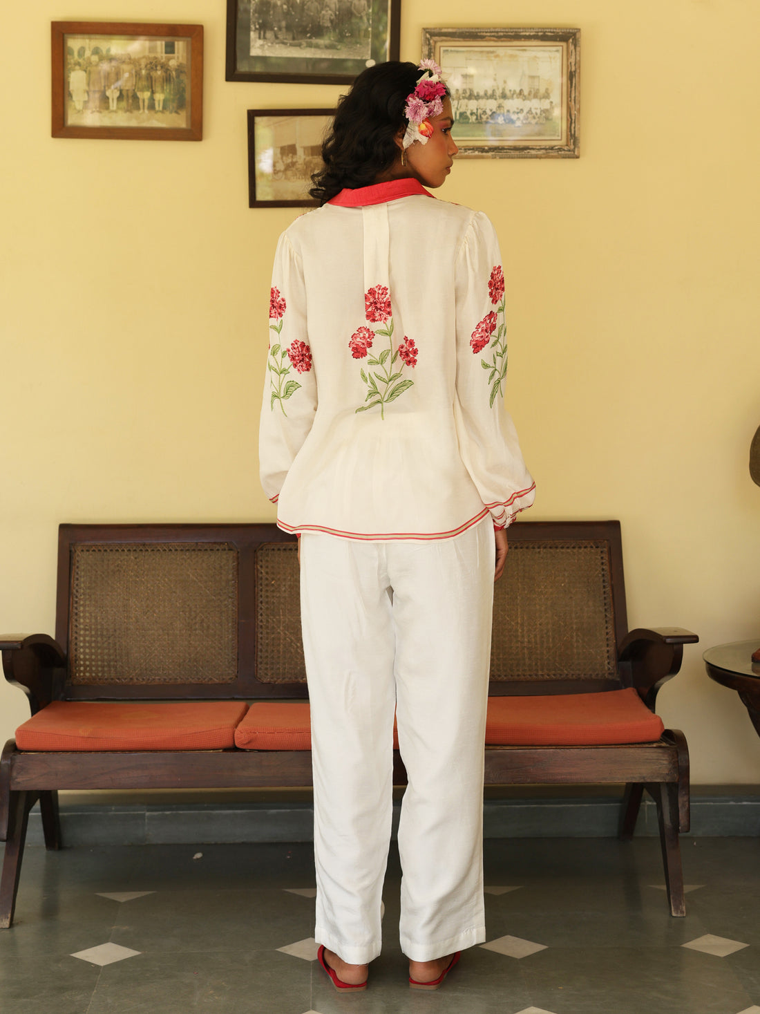 Sufiya Ivory and Red Viscose Floral Printed Shirt