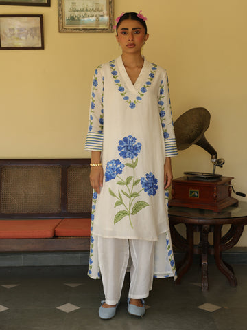 Neerja Set- Ivory Chanderi Floral Print Kurta & Pant