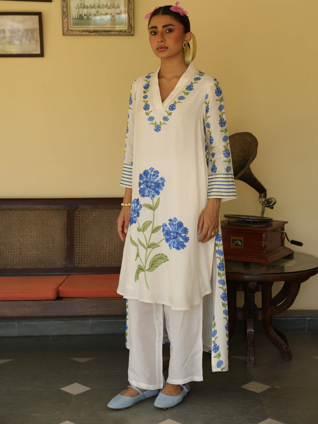 Neerja Set- Ivory Chanderi Floral Print Kurta & Pant