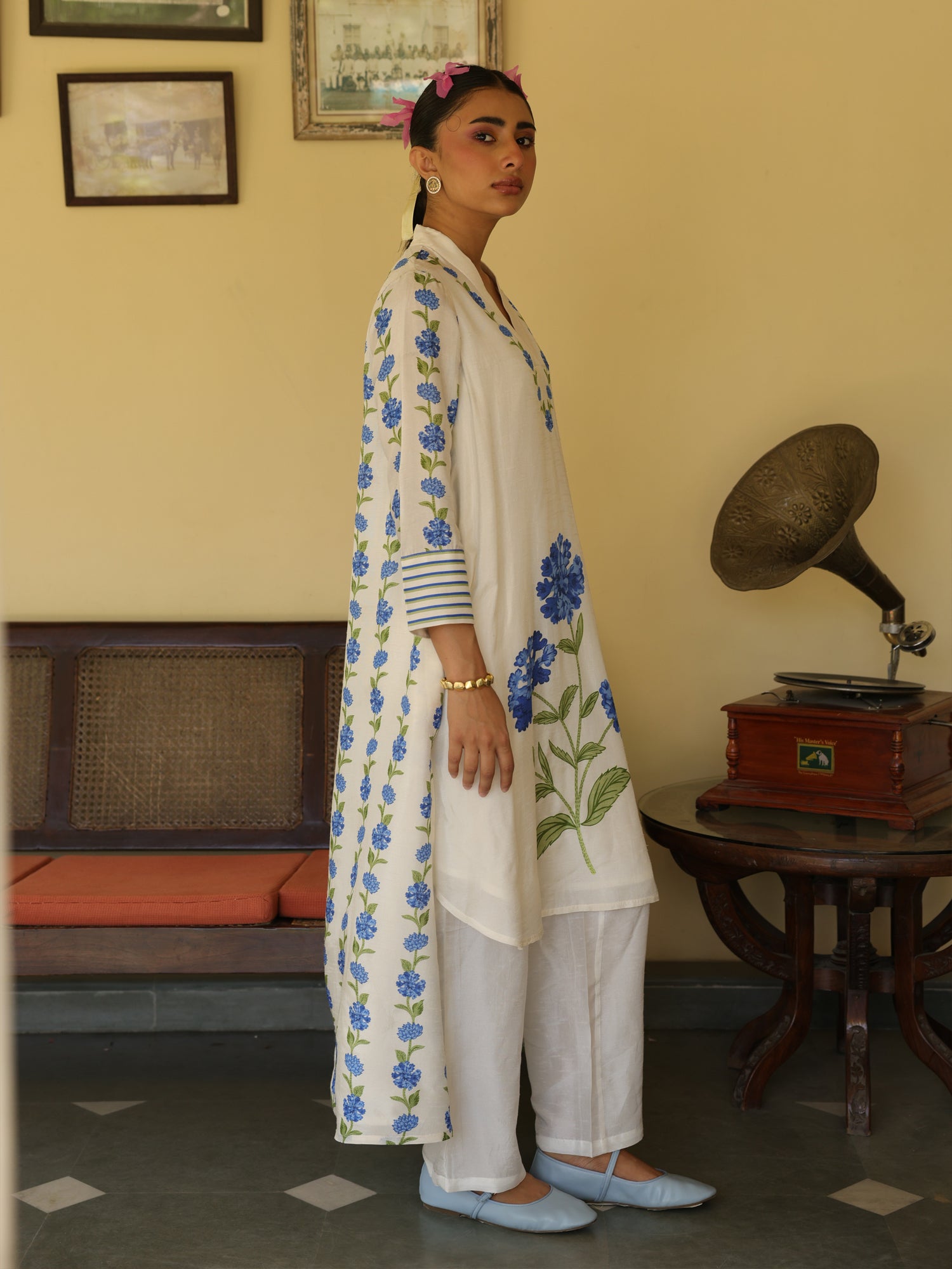 Neerja Set- Ivory Chanderi Floral Print Kurta & Pant