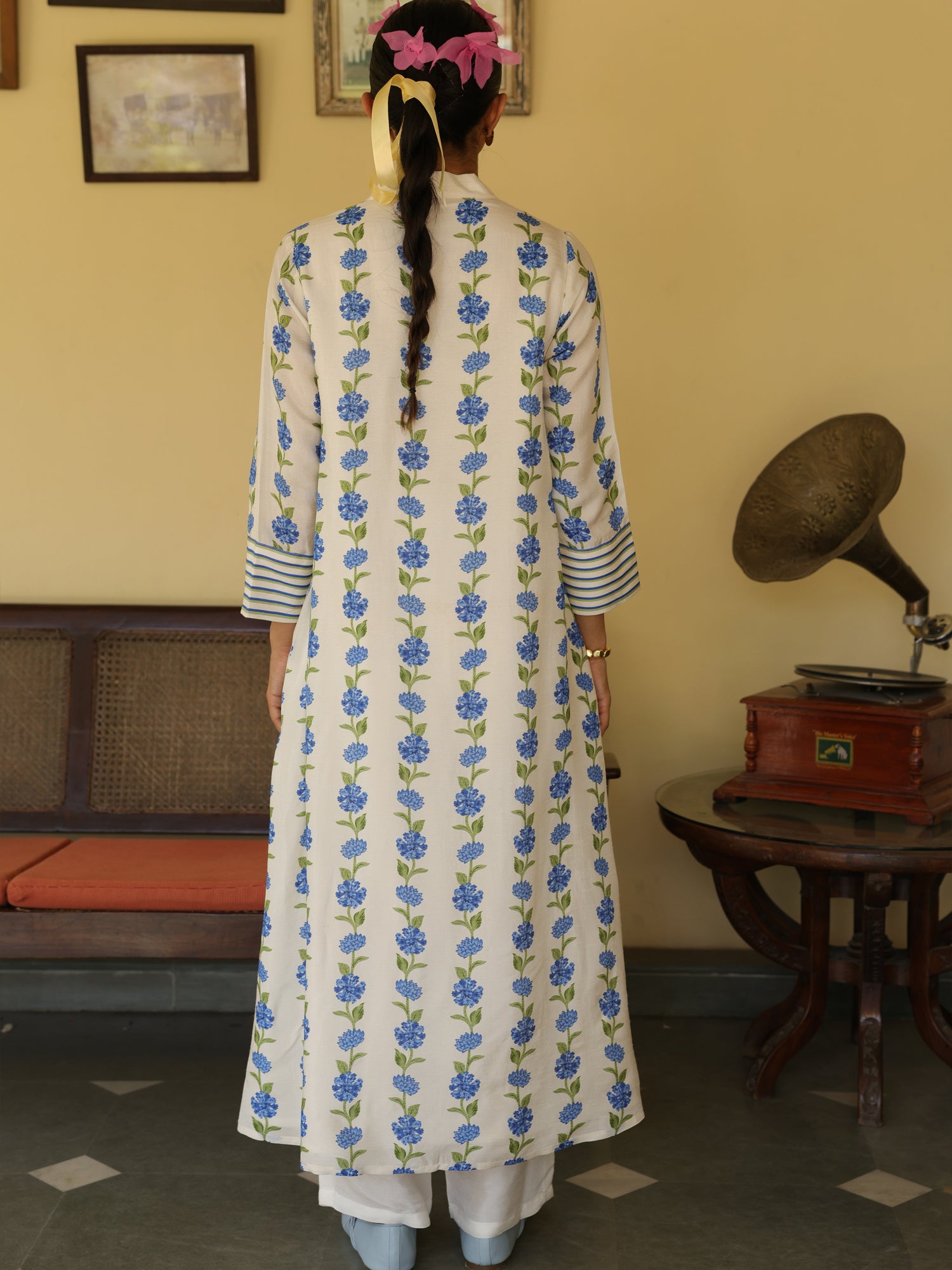 Neerja Set- Ivory Chanderi Floral Print Kurta & Pant