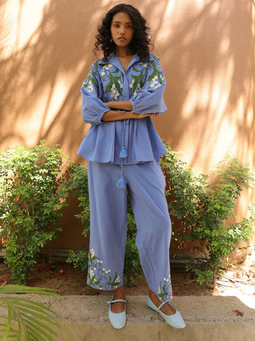 Lily Set-Blue Cotton Linen Floral Print Coord Set