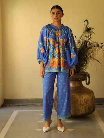 Sapphire Garden Blue Cotton Popline Floral Print Coord Set