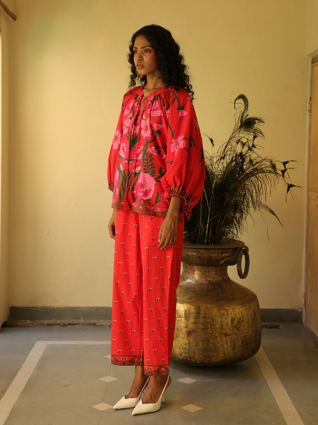 Cherry Garden Red Cotton Popline Floral Print Coord Set