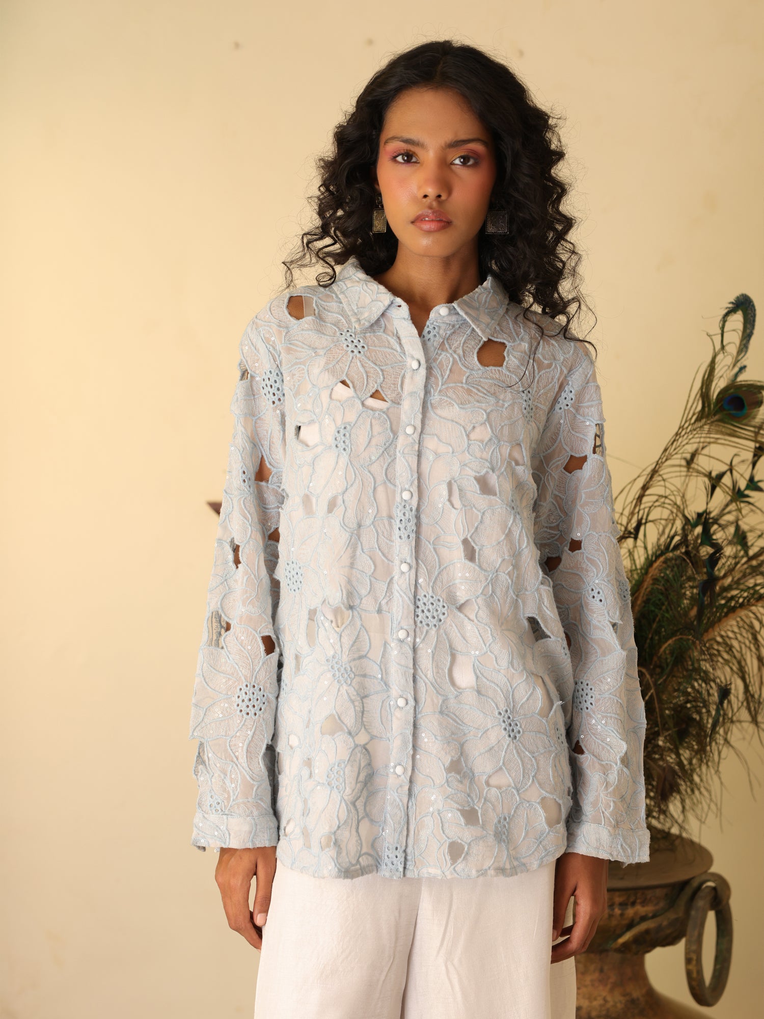 Celeste Set Blue Organza Shirt & Viscose Silk Pant