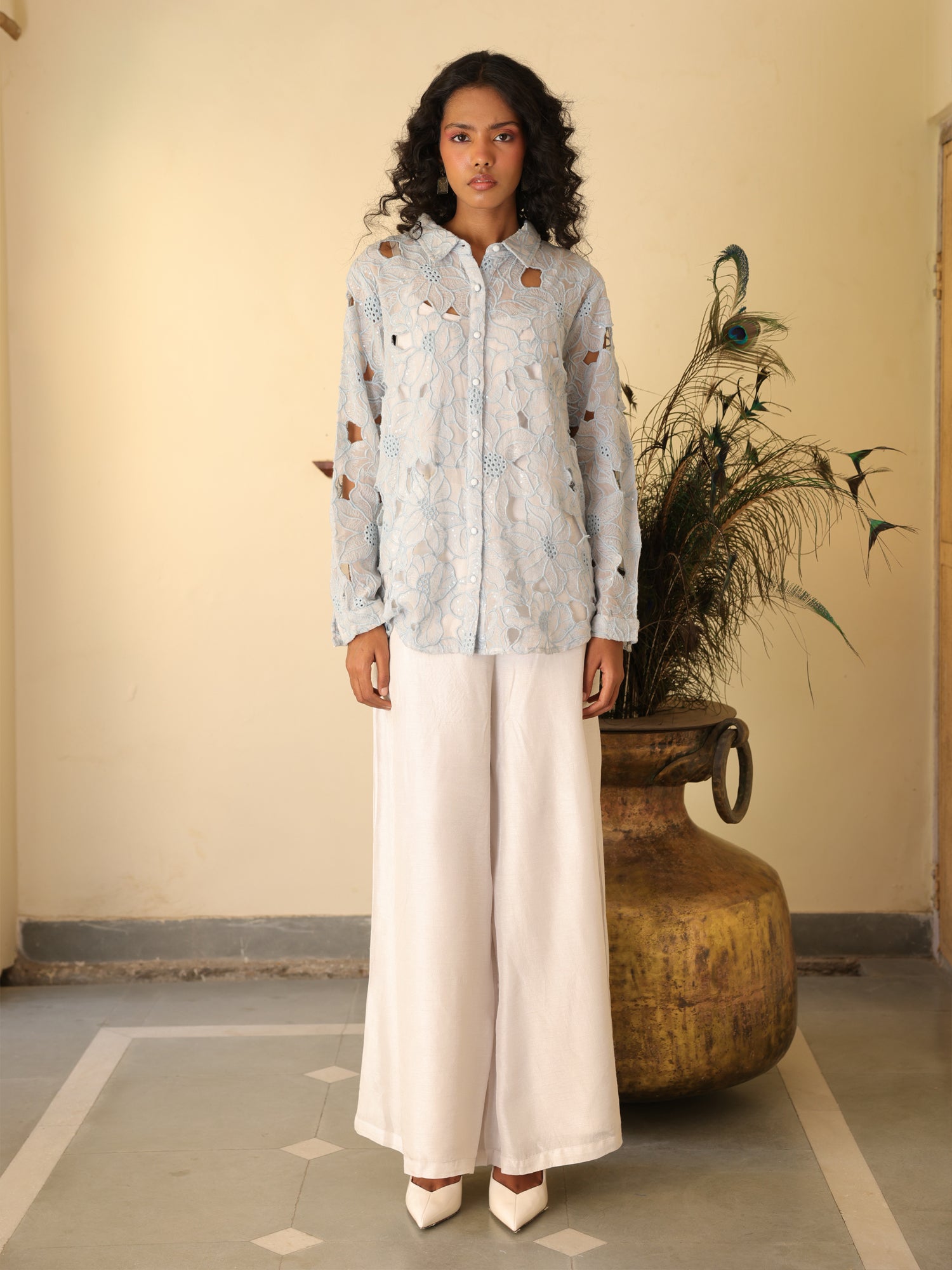 Celeste Set Blue Organza Shirt & Viscose Silk Pant