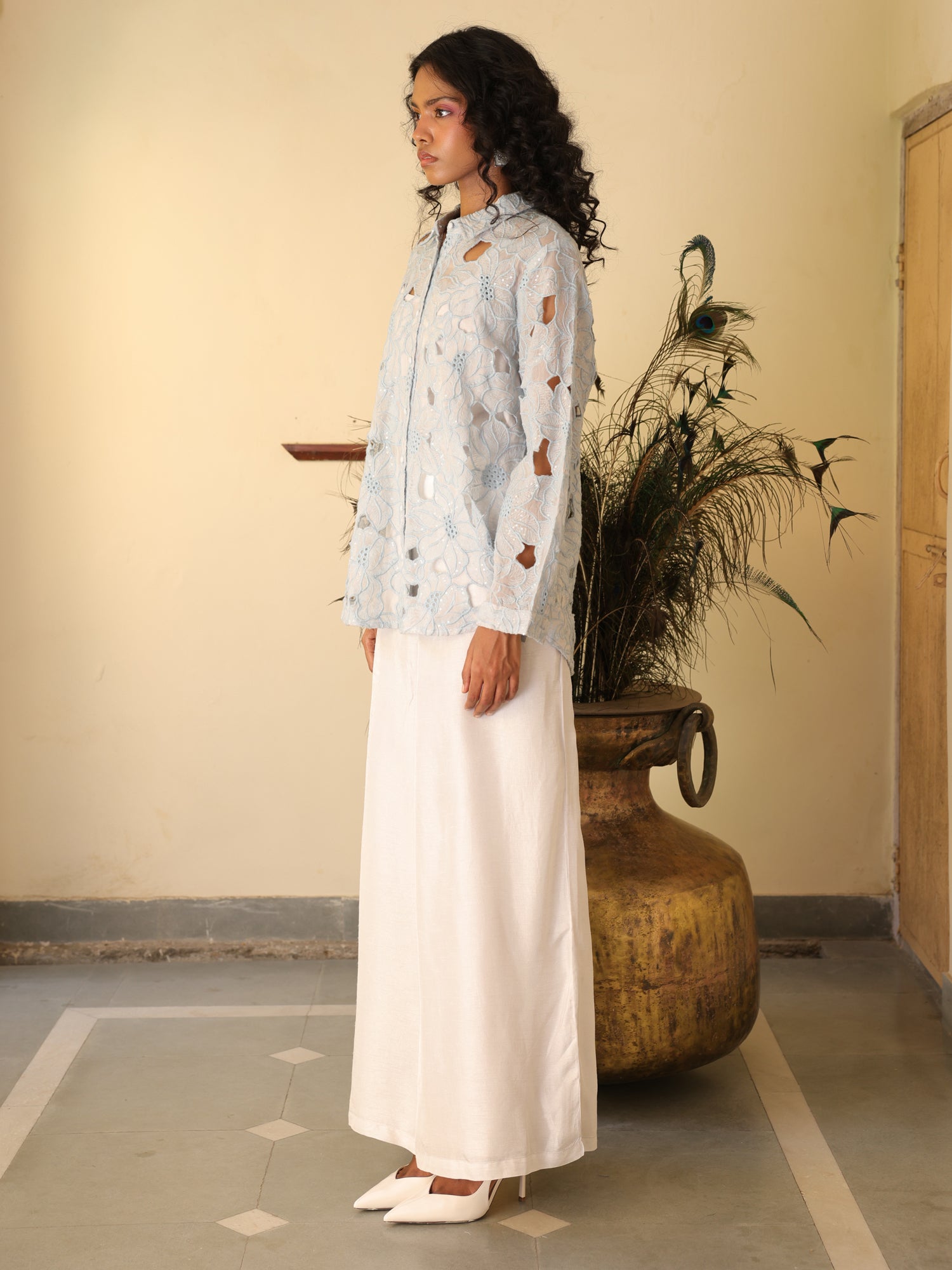Celeste Set Blue Organza Shirt & Viscose Silk Pant