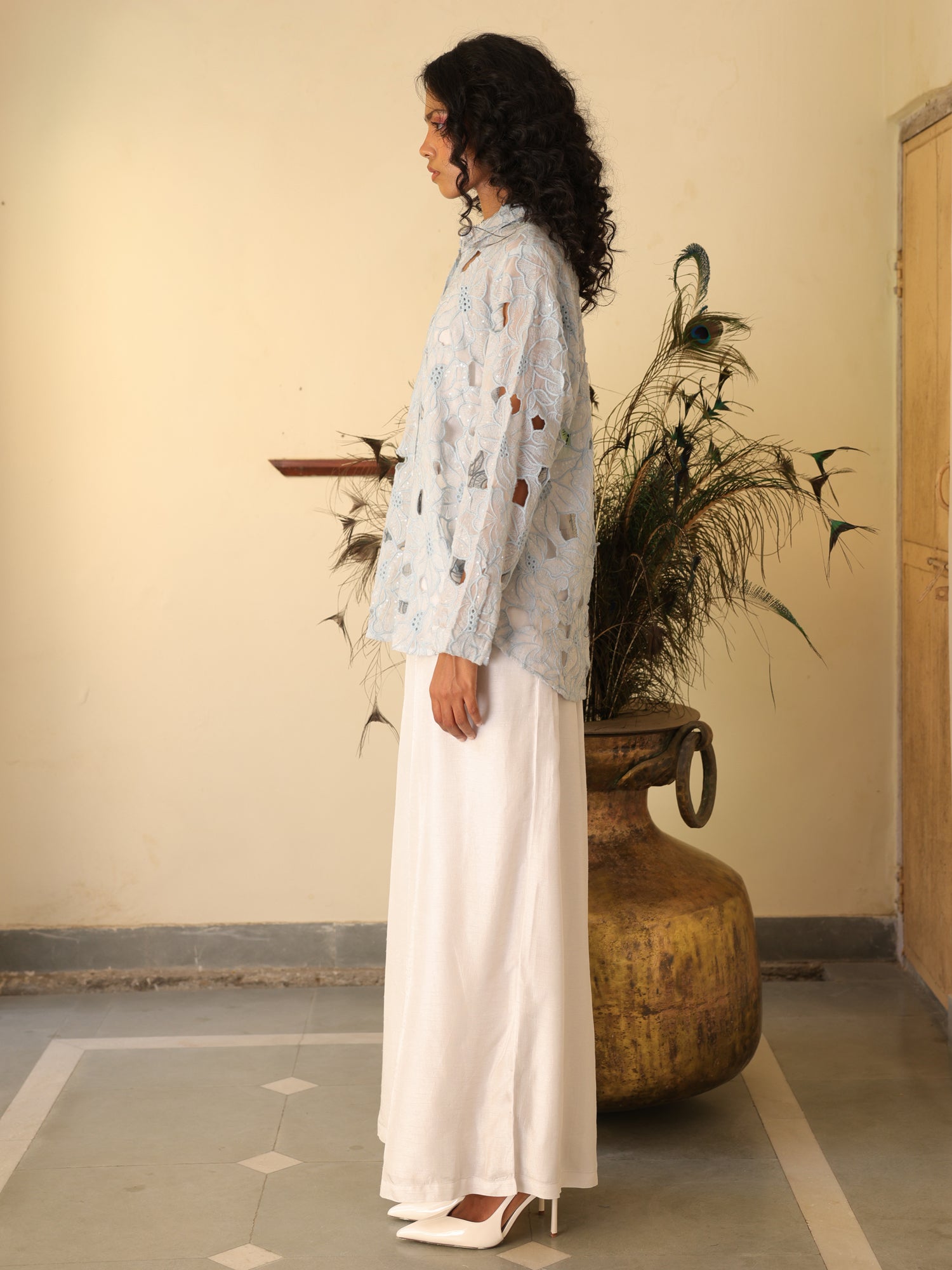 Celeste Set Blue Organza Shirt & Viscose Silk Pant