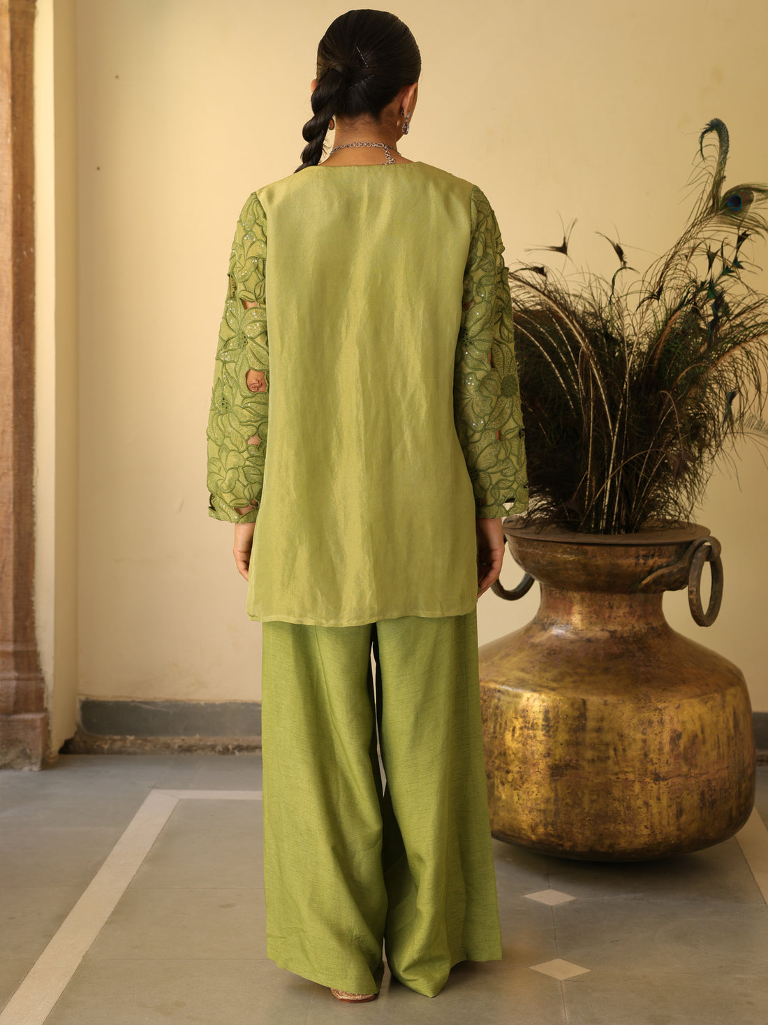 Sage Set Green Floral Printed Tissue Zari Shirt & Viscose Silk Pant