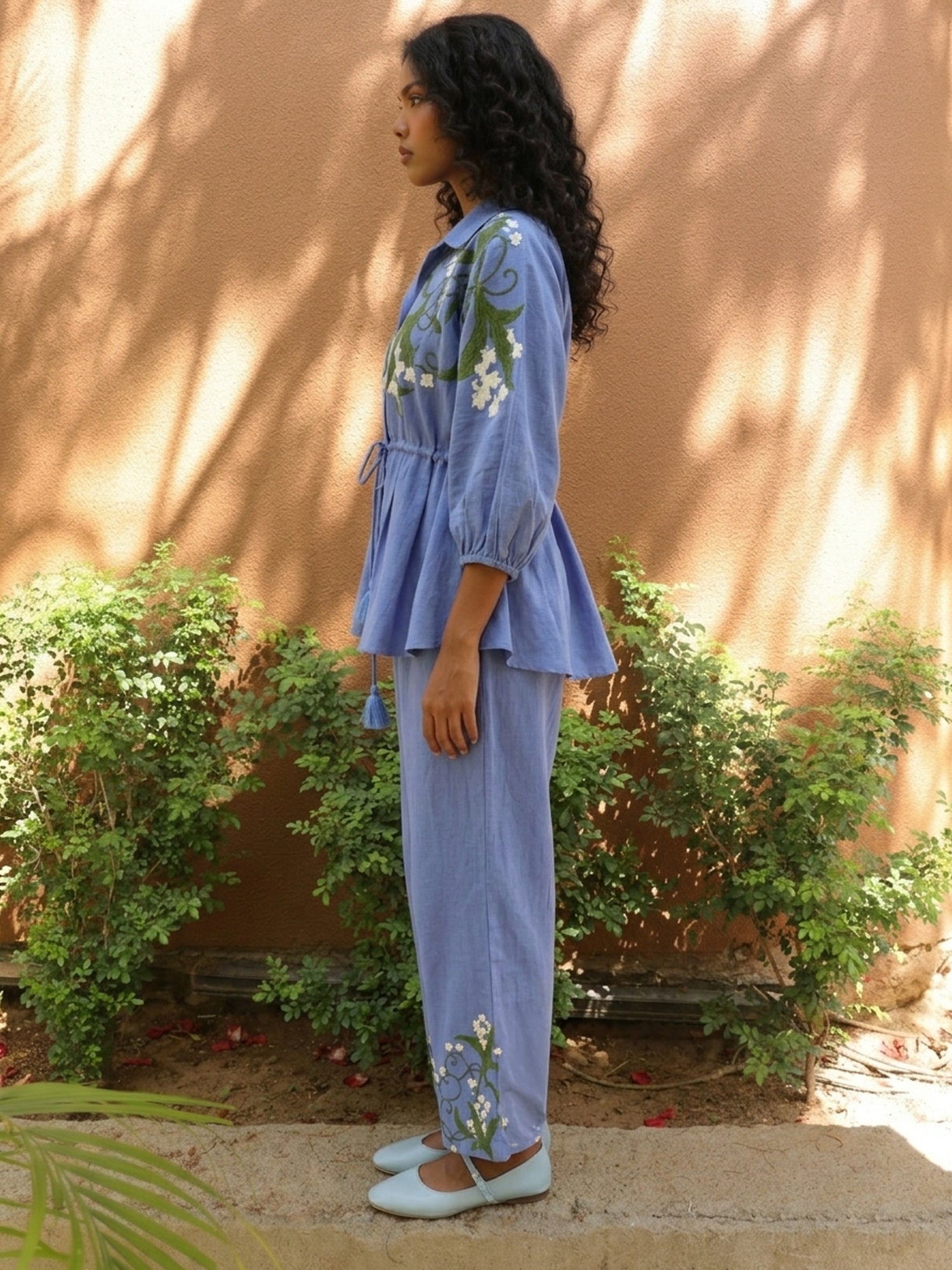 Lily Set-Blue Cotton Linen Floral Print Coord Set