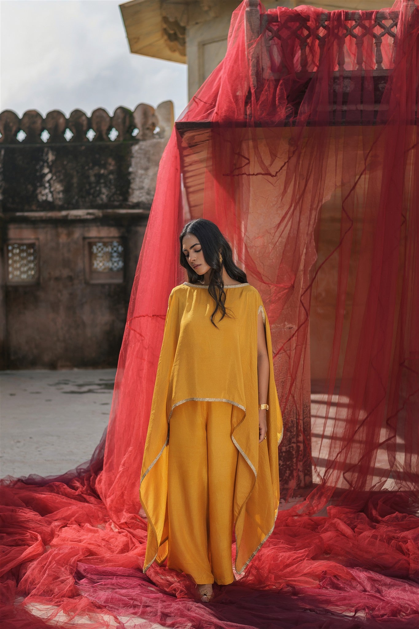 Zoya Set - Ochre Embroidery Tissue Zari Lace Regular Fit Kurta Palazzo With Dupatta