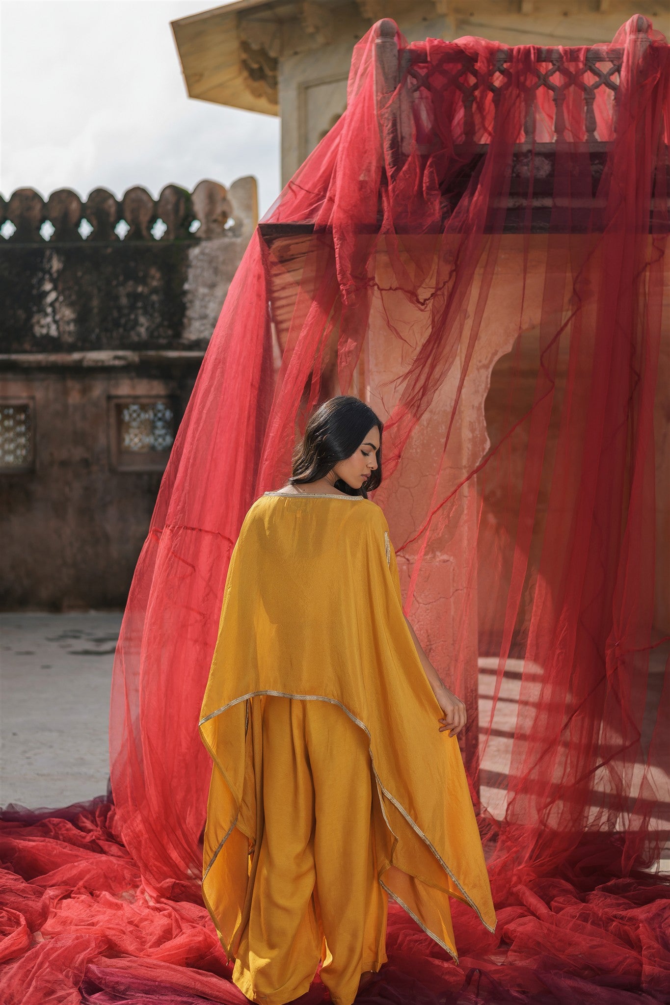 Zoya Set - Ochre Embroidery Tissue Zari Lace Regular Fit Kurta Palazzo With Dupatta