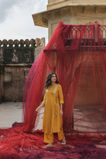 Saba Set - Ochre Embroidery Tissue Zari Tassels Regular Fit Kurta Palazzo With Dupatta